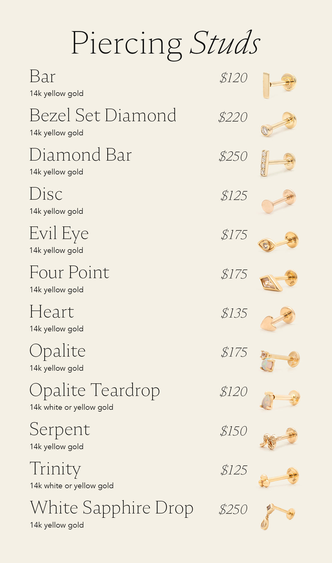 Visual pricing list of different options of piercing studs.