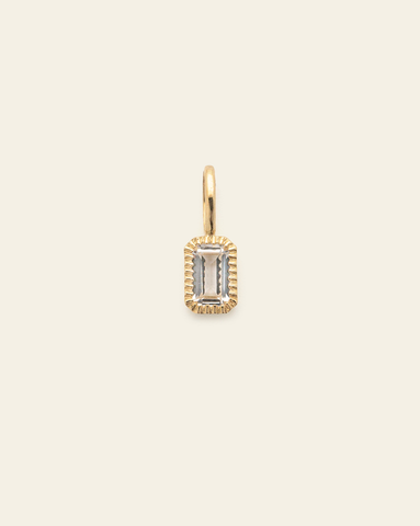 10k solid gold white sapphire birthstone pendant charm with rectangular faceted white clear gemstone in a minimalist fine jewelry design