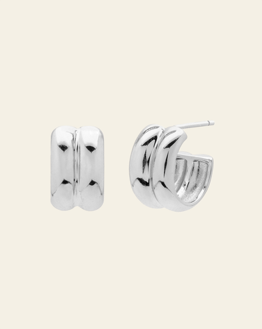 Silver chunky double hoop earrings with high-polish finish - bold statement jewelry.
