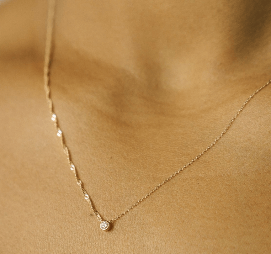 Bezel Diamond Duo Necklace - 14k Solid Gold 16