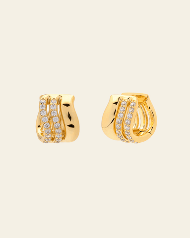Elegant gold vermeil huggie earrings with two rows of cubic zirconia stones for everyday wear. 