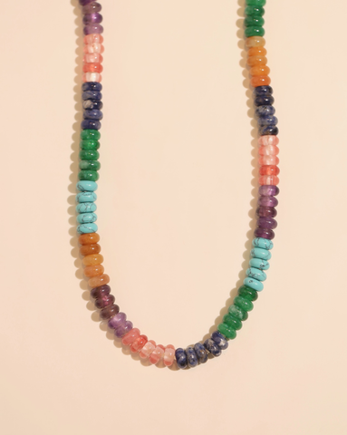 Pietra Gemstone Necklace featuring Sequence of Turquoise, Amethyst, Watermelon Quartz, Blue Sodalite, Green Jade, and Topaz Jade stones.
