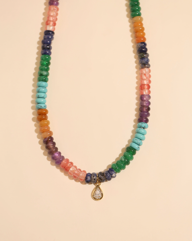 Pietra Gemstone Necklace featuring Sequence of Turquoise, Amethyst, Watermelon Quartz, Blue Sodalite, Green Jade, and Topaz Jade stones paired with gold vermeil cubic zirconia droplet charm.