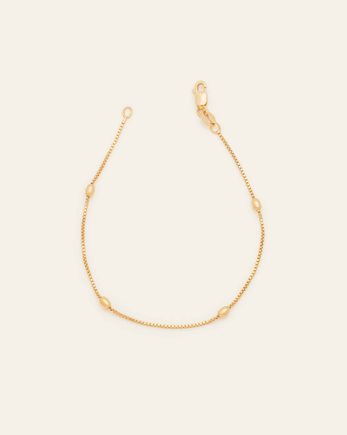 A Gold Vermeil box chain bracelet spaced between oval beaded links featuring a lobster clasp on a cream background.