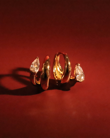 Close up of elegant gold vermeil earrings with teardrop cubic zirconia stones. 