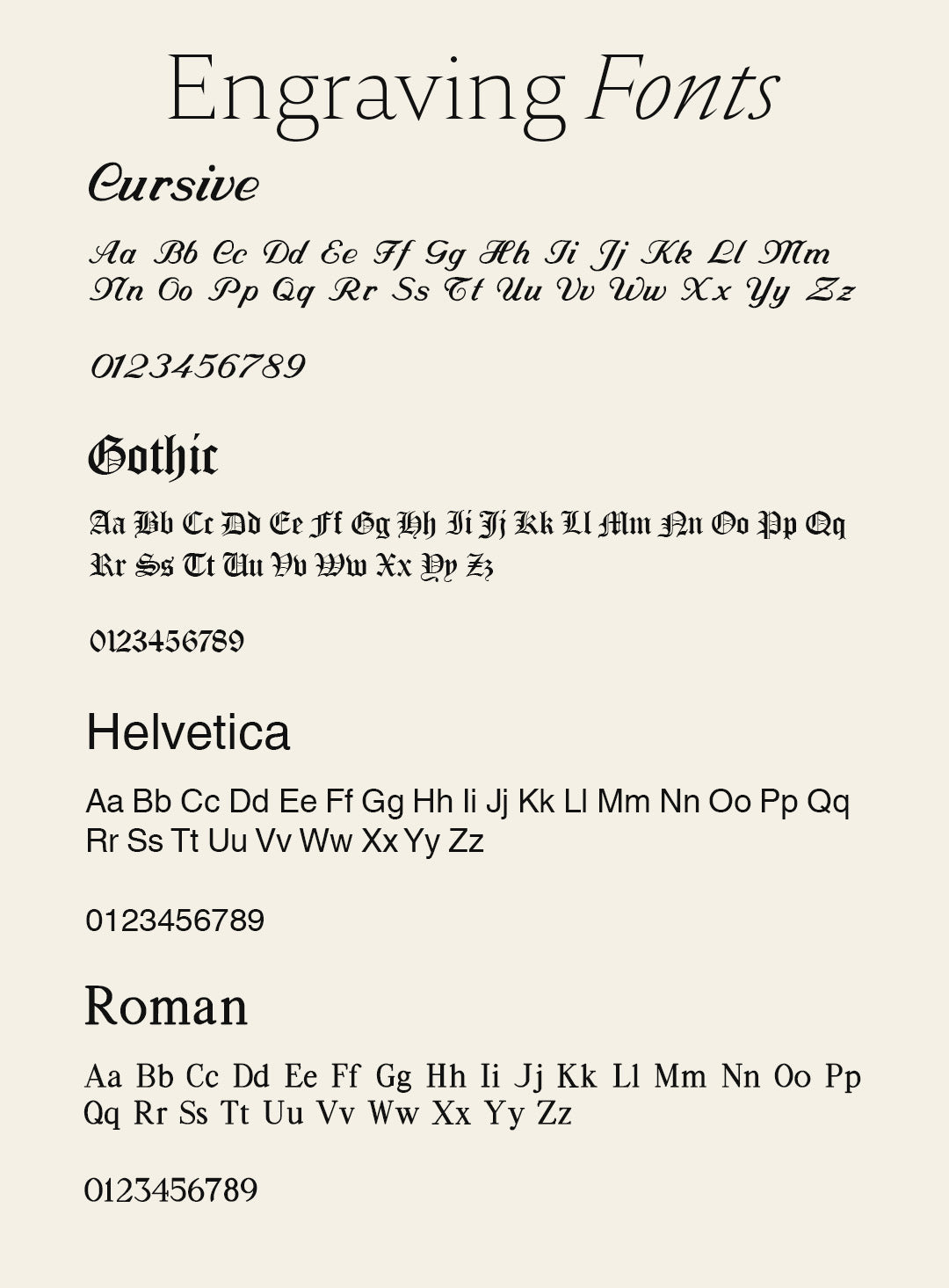 A visual chart of font options available for engraving on Melanie Auld Jewelry. Options are cursive, gothic, Helvetica and roman